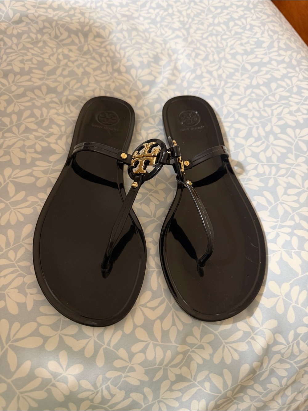 Tory Burch Black Patent Jelly Thong Sandals with Gold Logo